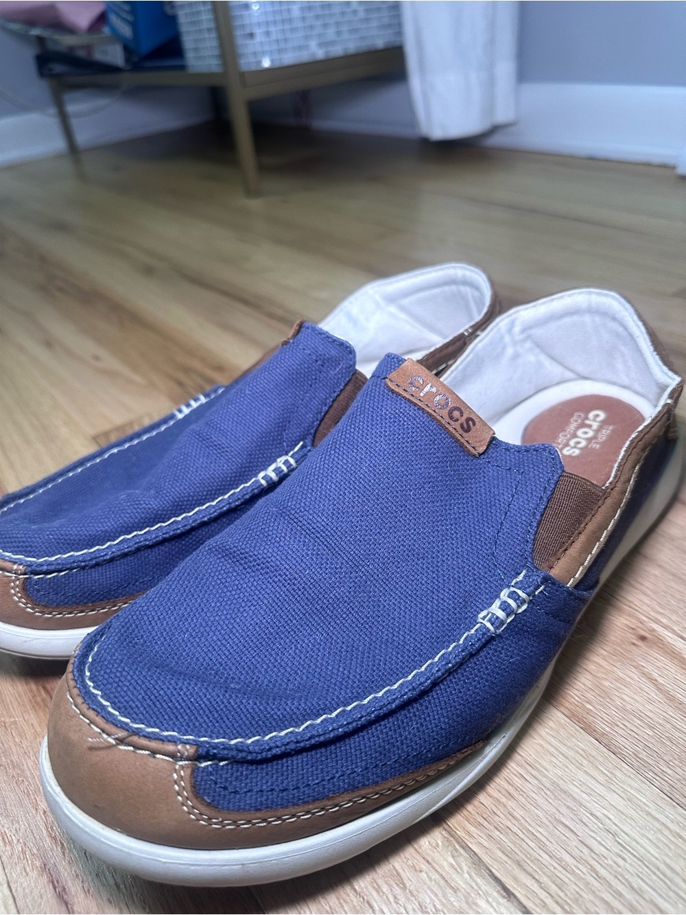 Crocs Canvas Slip-On Loafers – Navy Blue & Brown – Men's Size 11